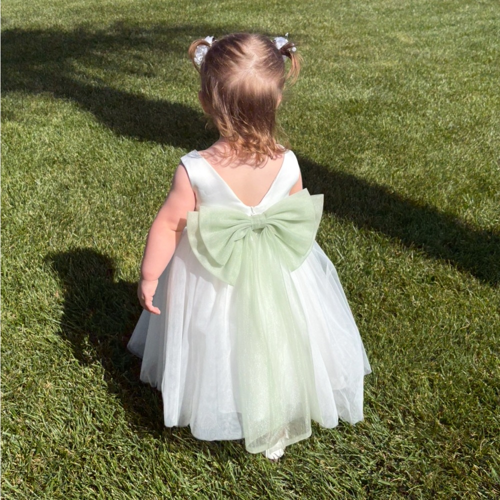 Ivory Dress with Sage Bow